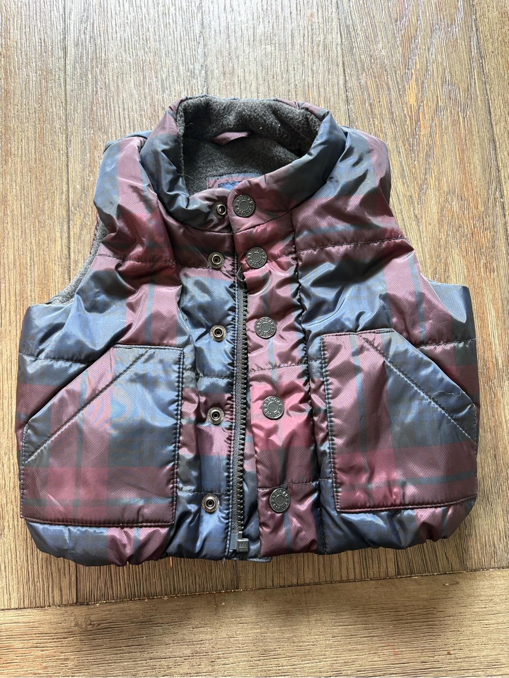 BabyGap Puffer Vest in Navy & Burgundy Plaid 0-6m